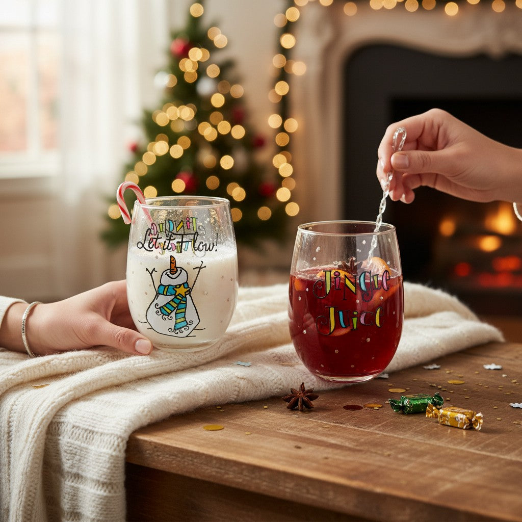Two glasses of Christmas-themed drinks on a table with a decorated tree in the background.