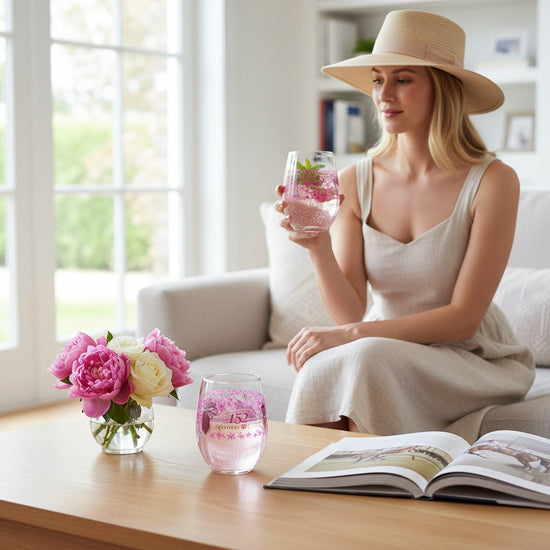 A signature Oaks Lily cocktail being served in the 152nd commemorative stemless glass.