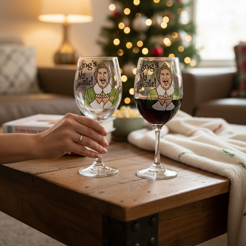 The Elf wine glass sitting on a table in front of a cozy, decorated Christmas tree.