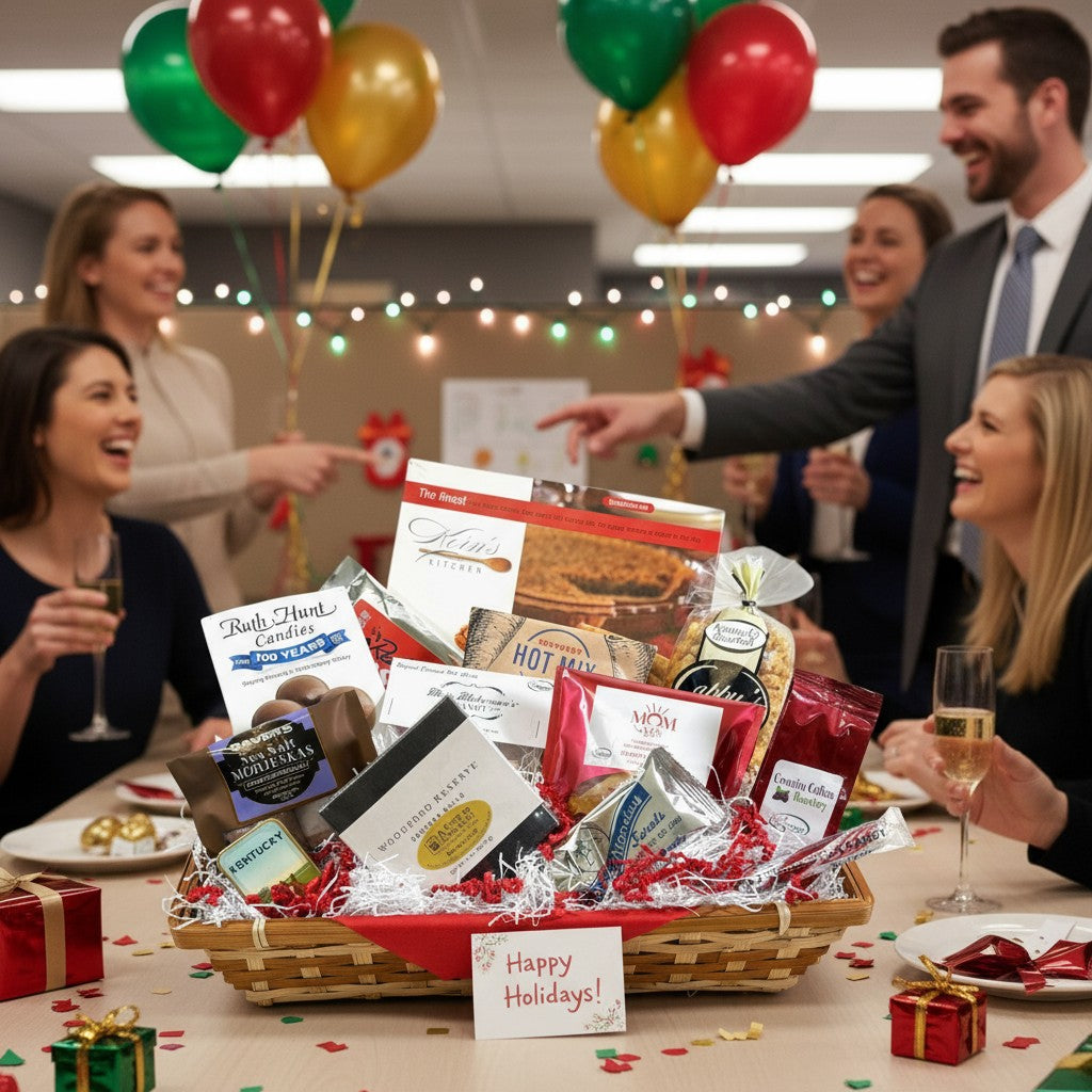 A lifestyle scene of people enjoying the Kentucky Dessert Tray at an office party or gathering.