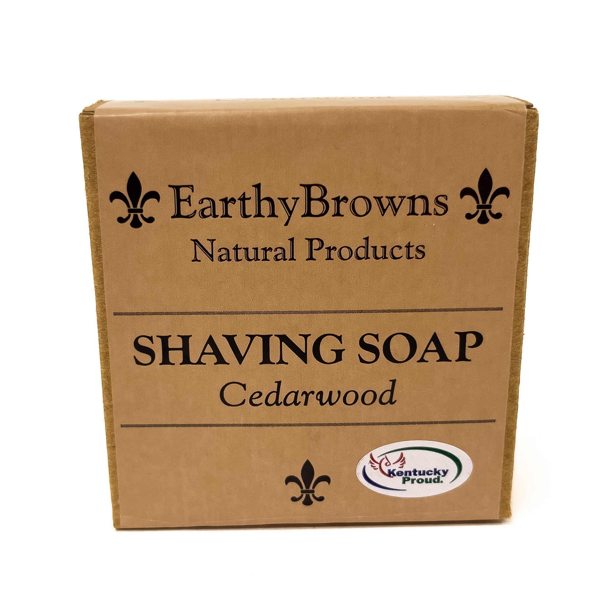 Earthy Browns Natural Products shaving soap box with 'Cedarwood' scent on a white background