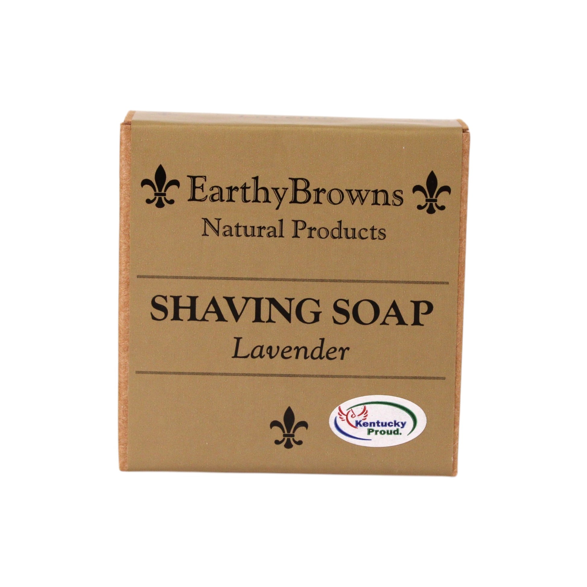 Earthy Browns Natural Products shaving soap packaging on a white background