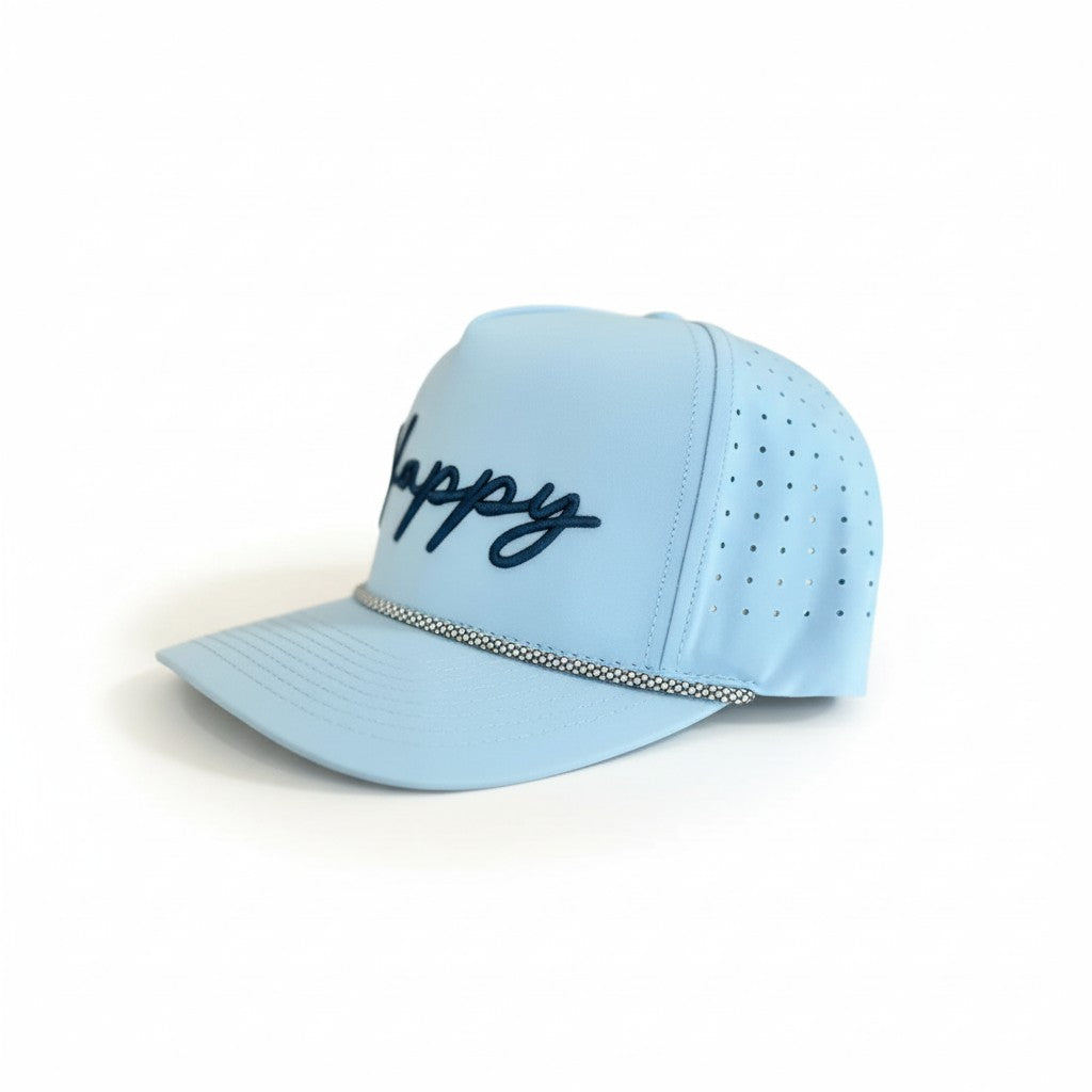 Side profile of the Happy Embroidered Rope Hat in baby blue.