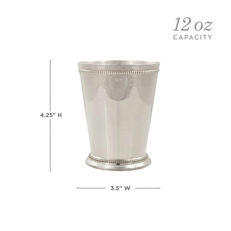 Silver mint julep cup with measurements on a white background
