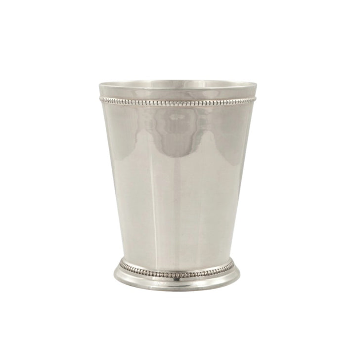 A crisp shot of the silver-plated solid brass mint julep cup, highlighting its polished shine and classic beaded trim.