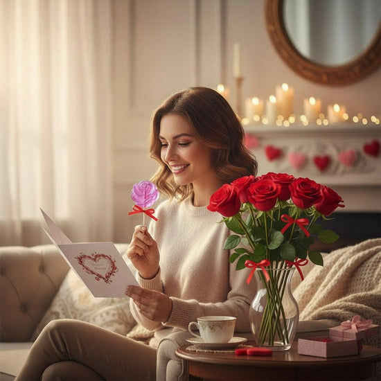 Woman reading a card with a lollipop and flowers in a cozy living room.