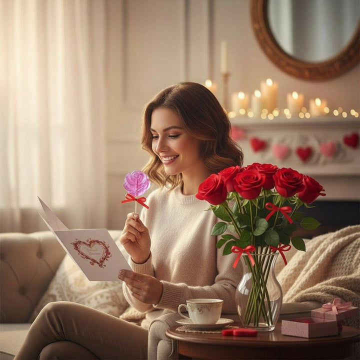 Woman reading a card with a lollipop and flowers in a cozy living room.