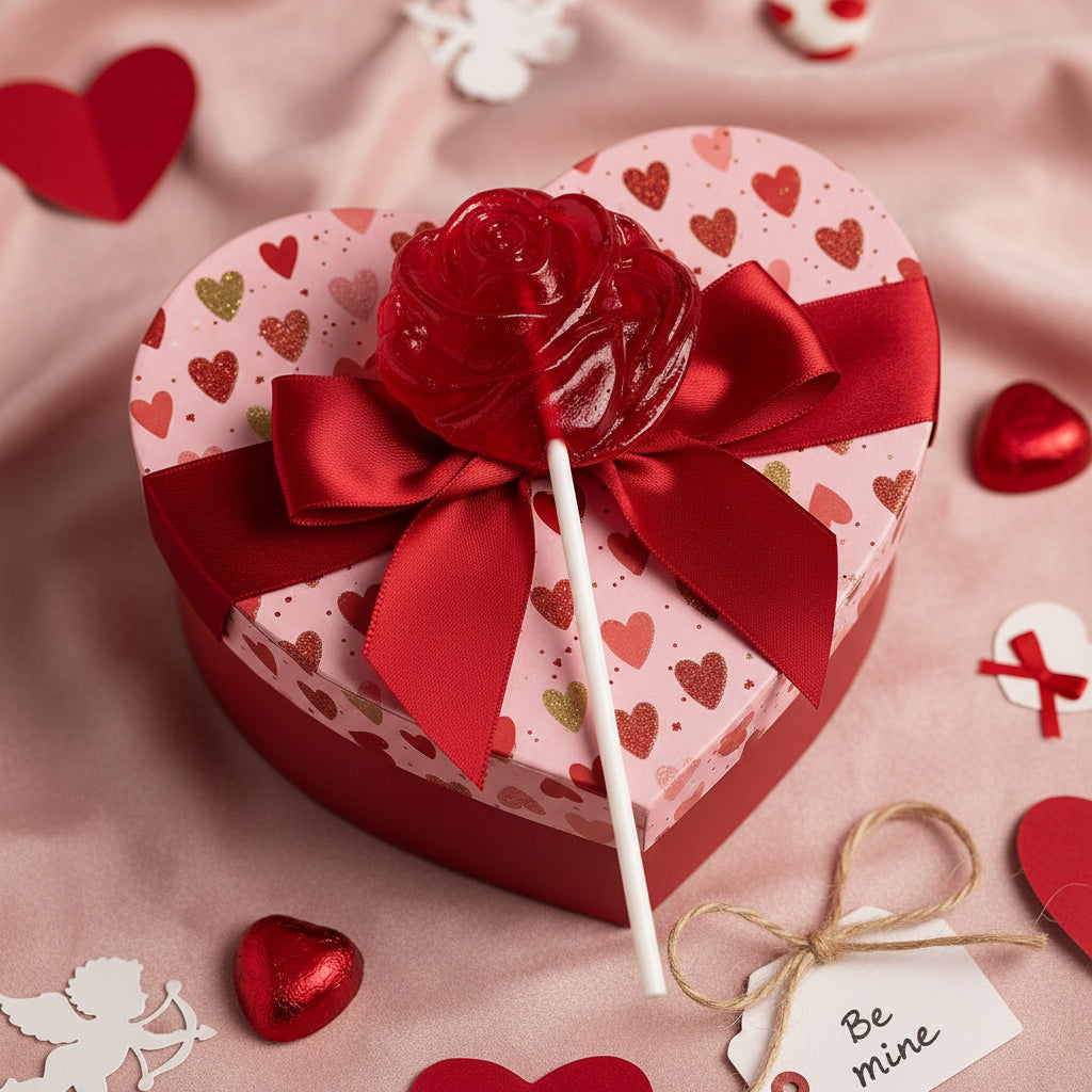 Heart-shaped gift box with a red lollipop on a pink background