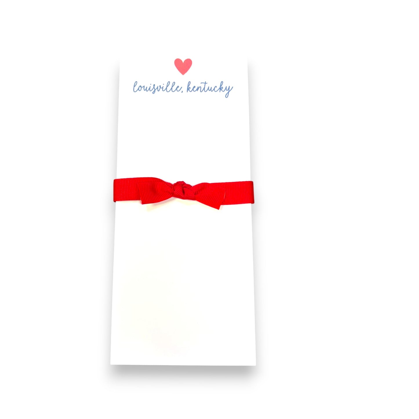Notepad with a red bow and 'Louisville, Kentucky' text on a white background