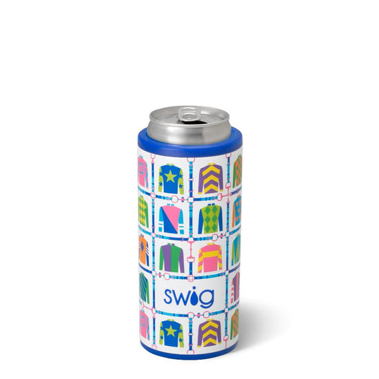 Skinny Can Cooler (12oz) with  the Jockey Club print and 'Swig' branding on a white background