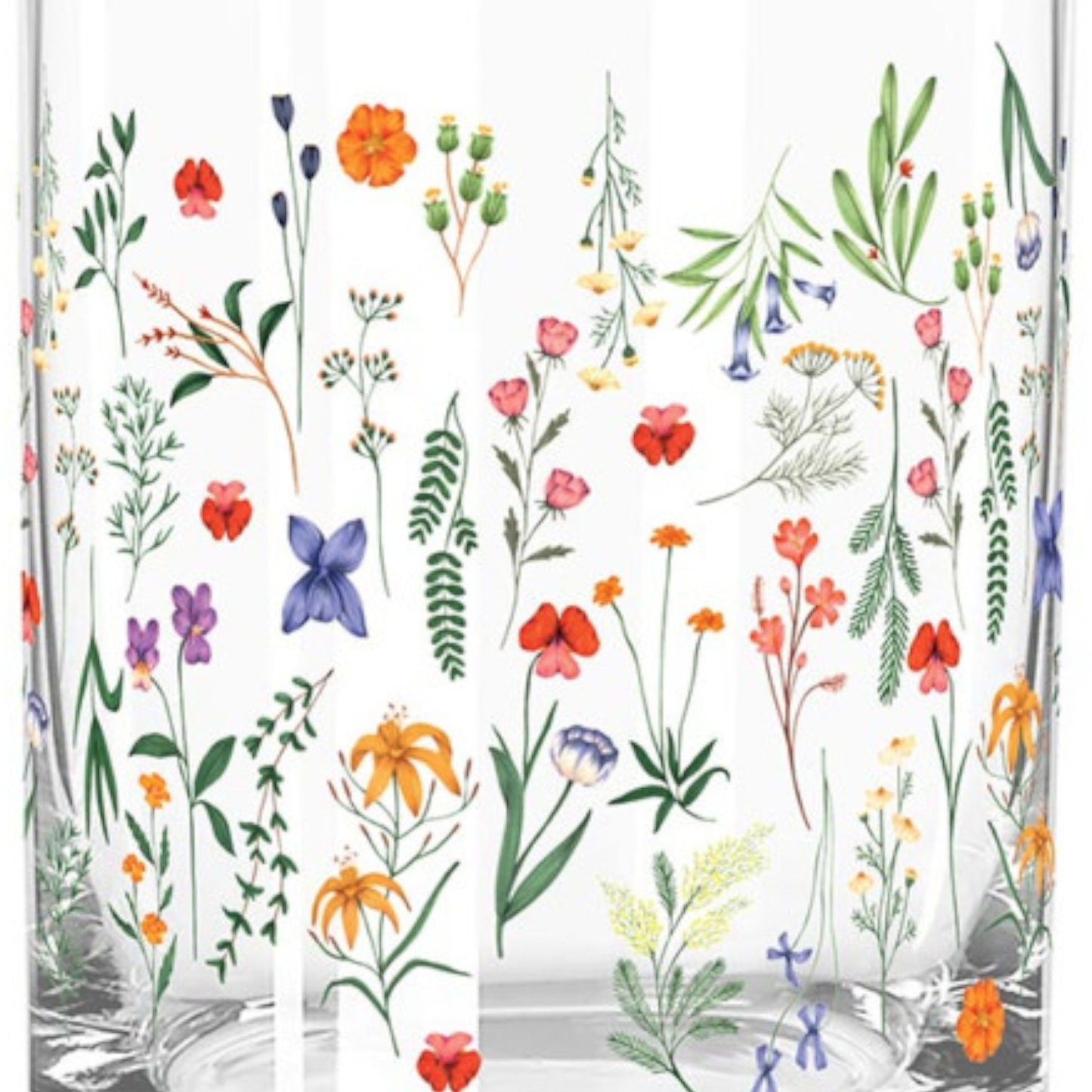 Close-up detail of the whimsical flower illustrations on the glass surface.