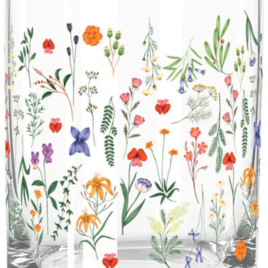 Close-up detail of the whimsical flower illustrations on the glass surface.