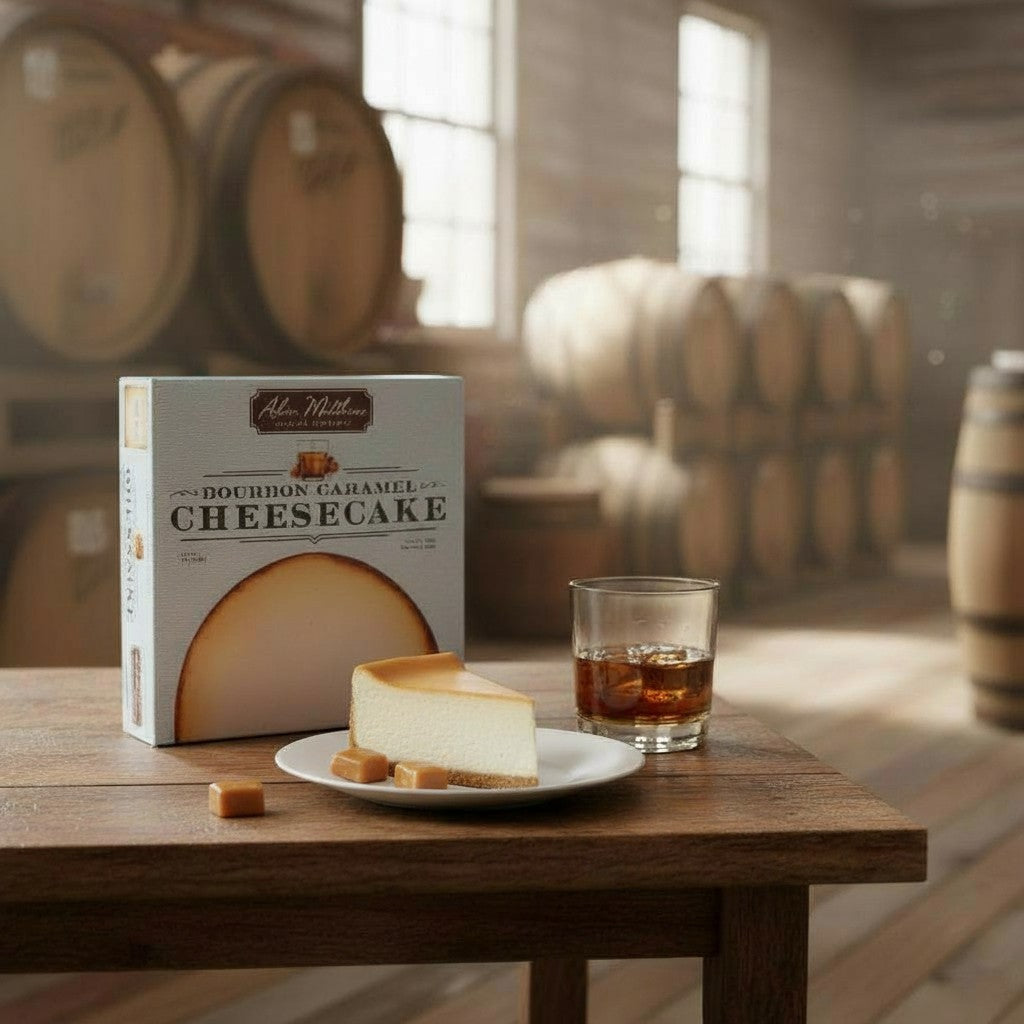 Box of Adam Matthews Bourbon Caramel Cheesecake with a slice on a plate and a glass of whiskey in front of wooden barrels.