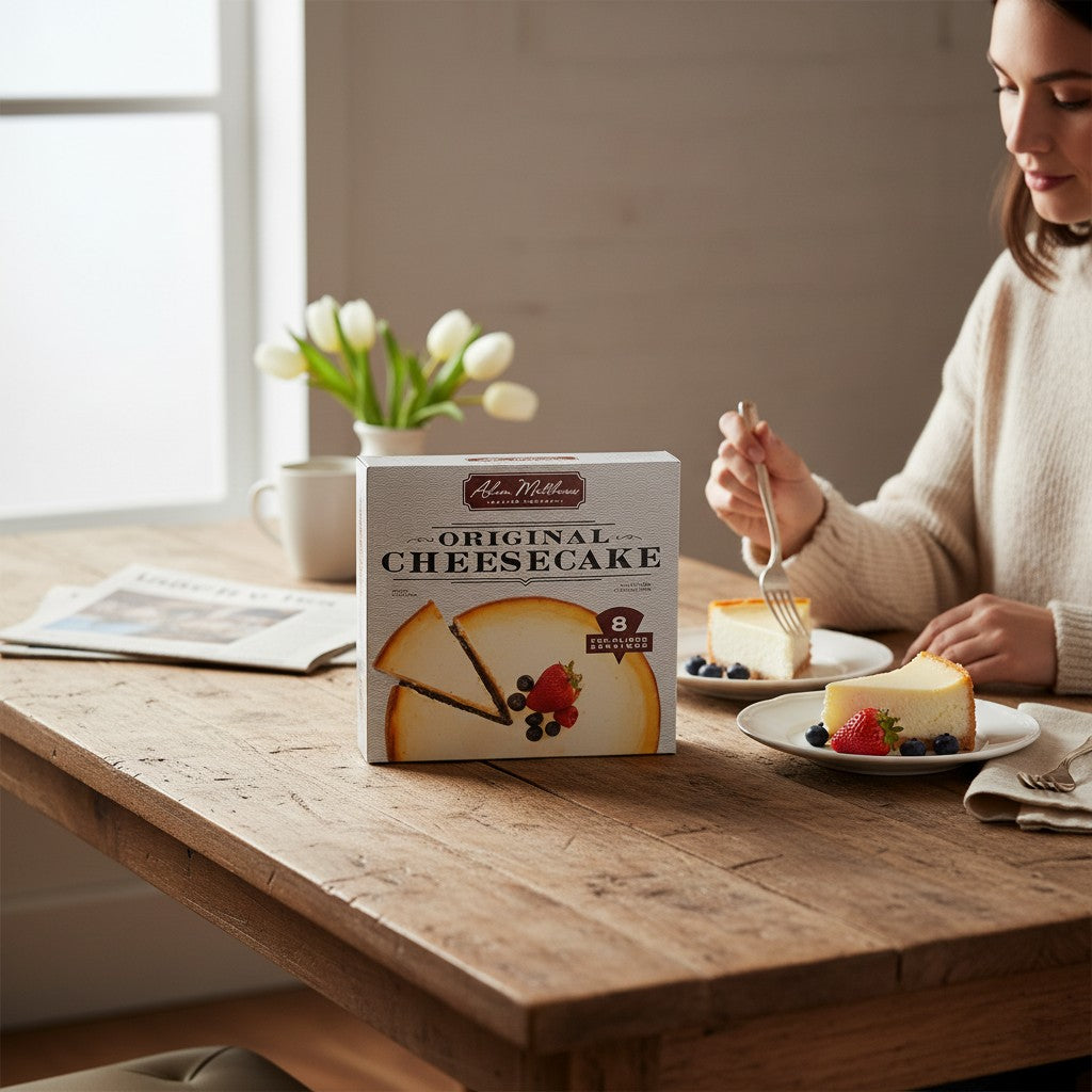 Person eating cheesecake with a box of cheesecake in the foreground on a wooden table.