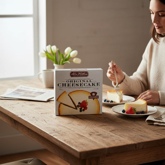 Person eating cheesecake with a box of cheesecake in the foreground on a wooden table.