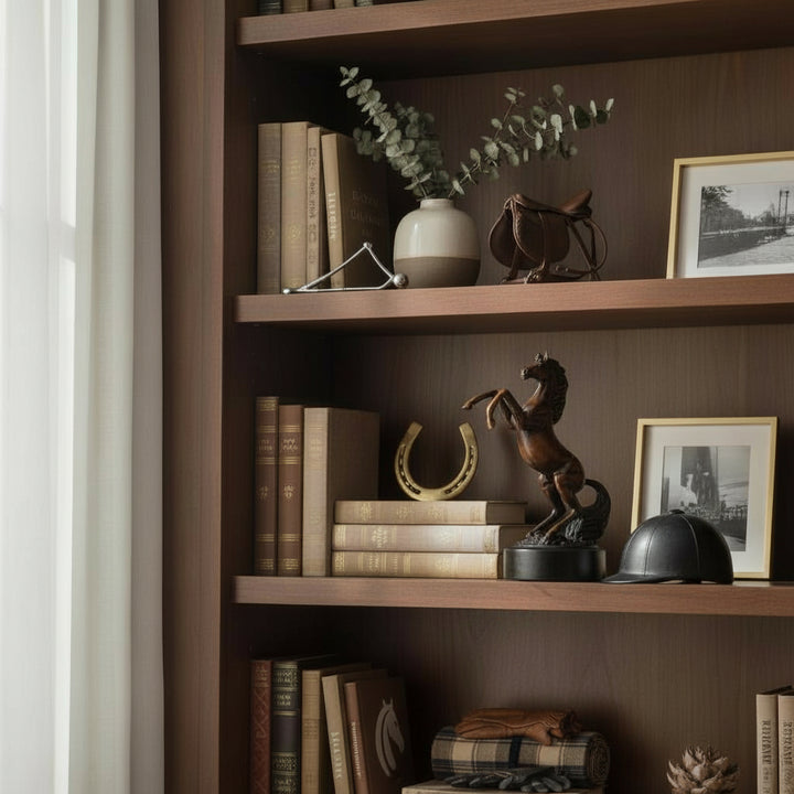 The small rearing stallion sculpture displayed on a shelf, perfect for adding equestrian charm to small spaces.