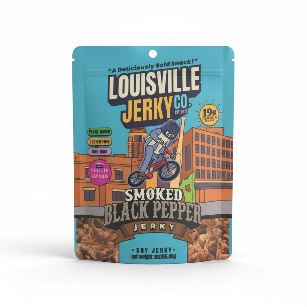 The Smoked Black Pepper flavor jerky package with its unique artwork.