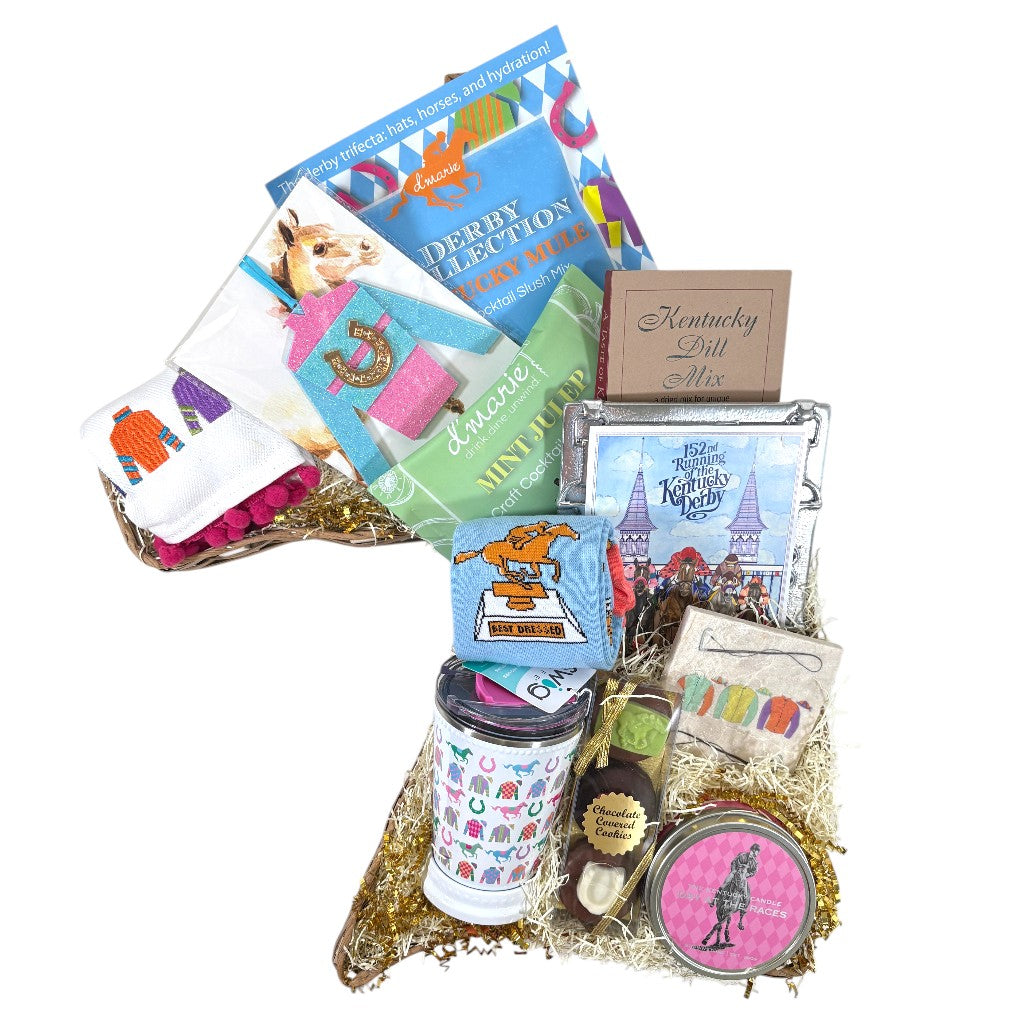 The Southern Derby Charm Gift Basket displayed in a unique horse head-shaped basket with all included gifts.
