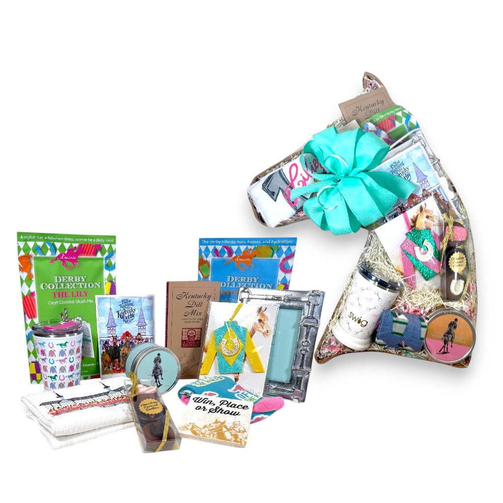 The Southern Derby Charm Gift Basket displayed in a unique horse head-shaped basket with all included gifts.