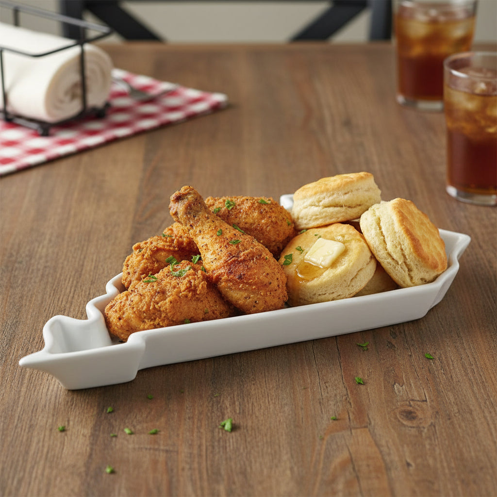 A delicious spread of fried chicken and biscuits served on the Kentucky-shaped porcelain platter.