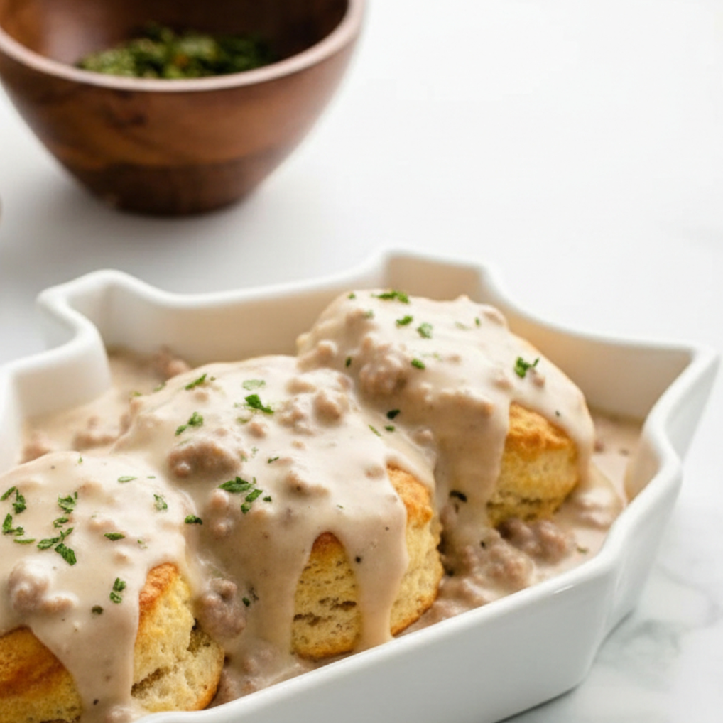 Biscuits and gravy served on the Kentucky-shaped porcelain platter.