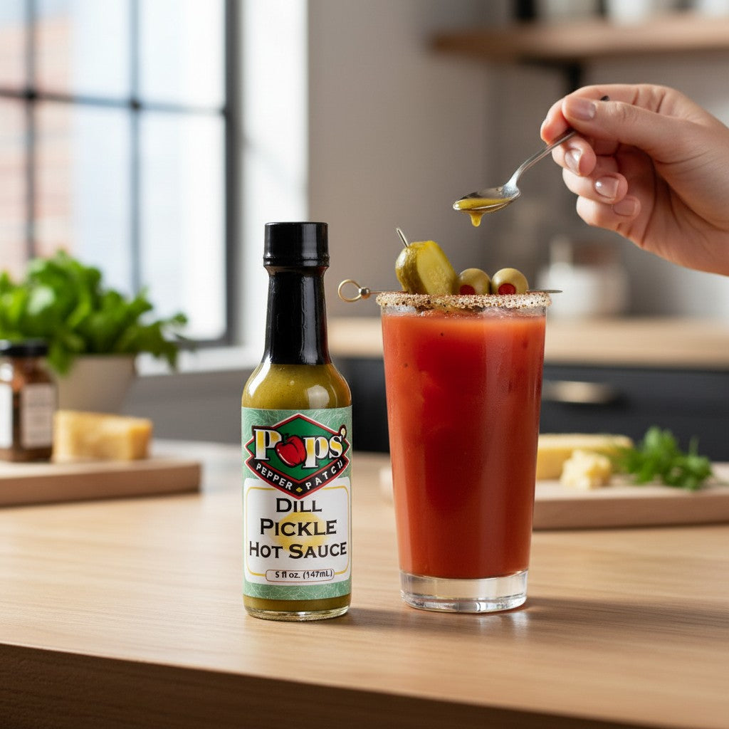 A tall glass of a spicy Bloody Mary cocktail garnished with a pickle spear and olives, sitting next to a bottle of dill pickle hot sauce.
