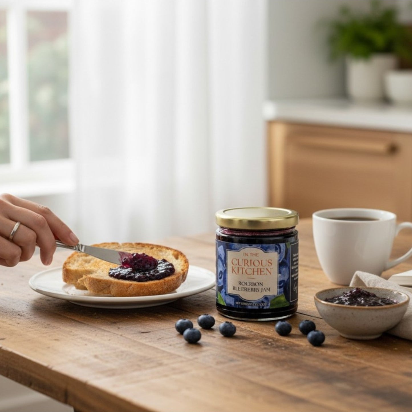 A hand spreading rich Bourbon Blueberry Jam onto toasted bread on a rustic wooden table surrounded by fresh blueberries.