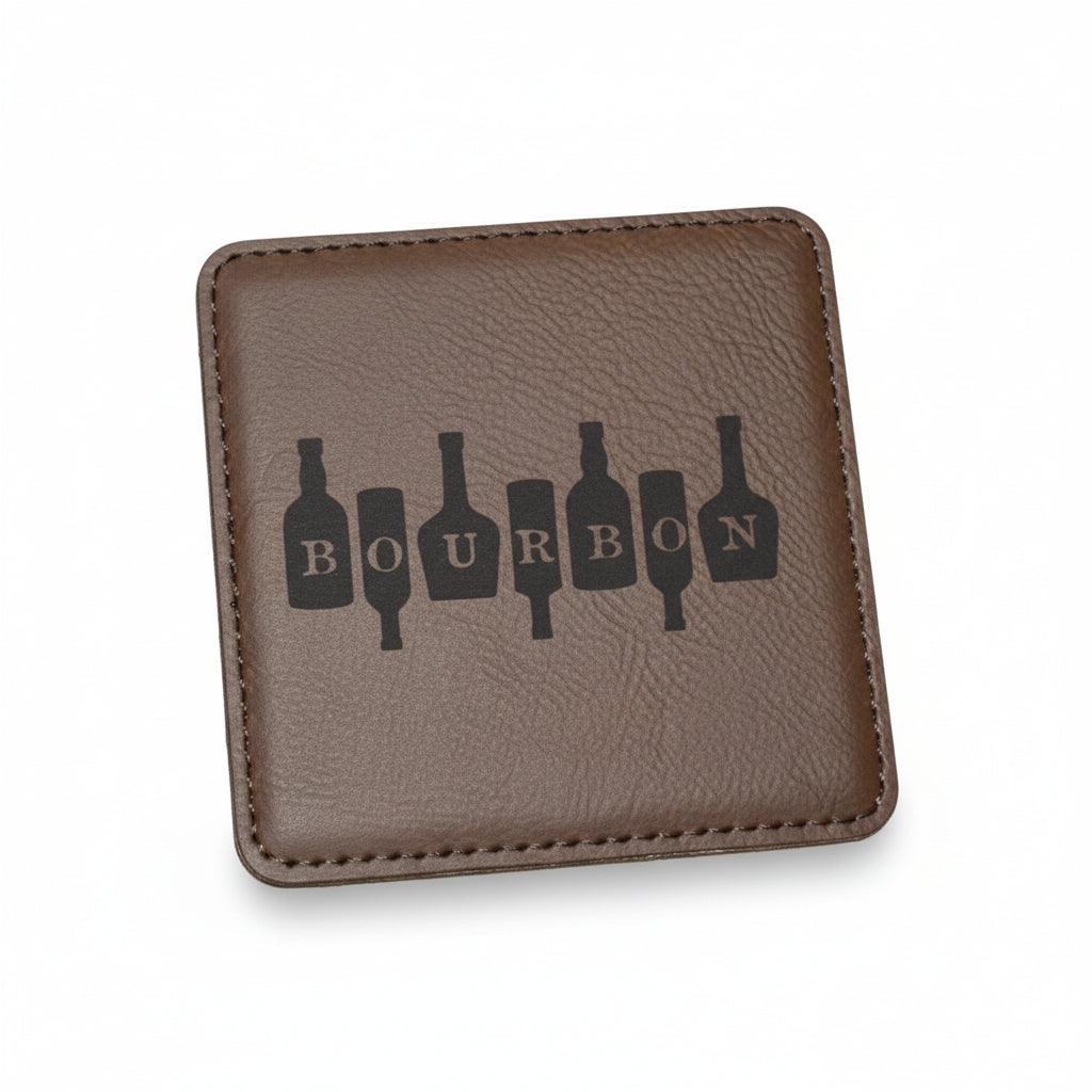 Close-up of the square brown genuine leather coaster showing the word "BOURBON" spelled out inside bottle silhouettes.