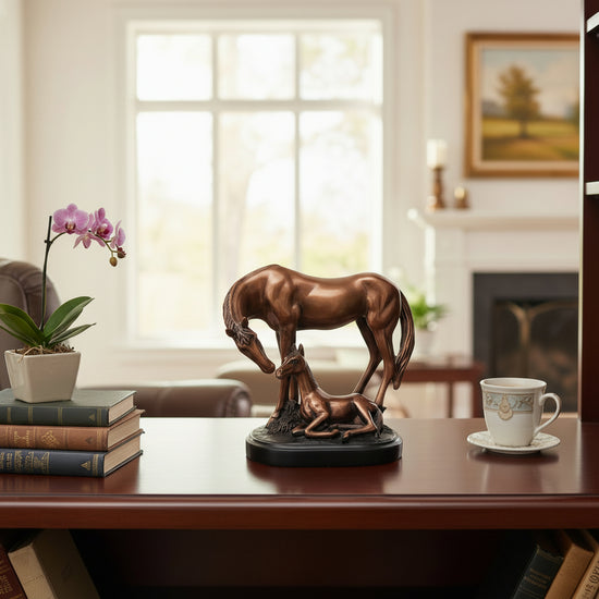 The standard 8" x 7" Mom & Baby Horse Sculpture nestled on a bookshelf as a heartfelt accent piece.