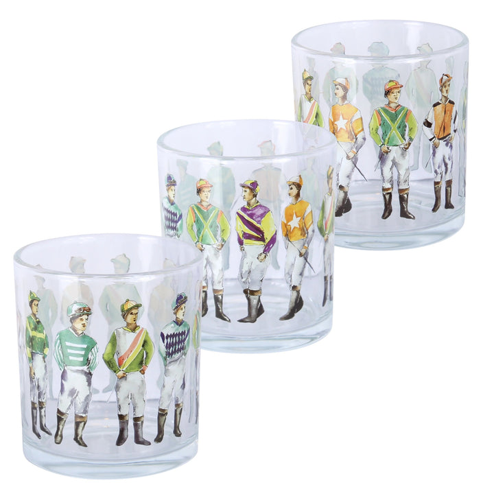 Three glass tumblers with jockey illustrations on a white background