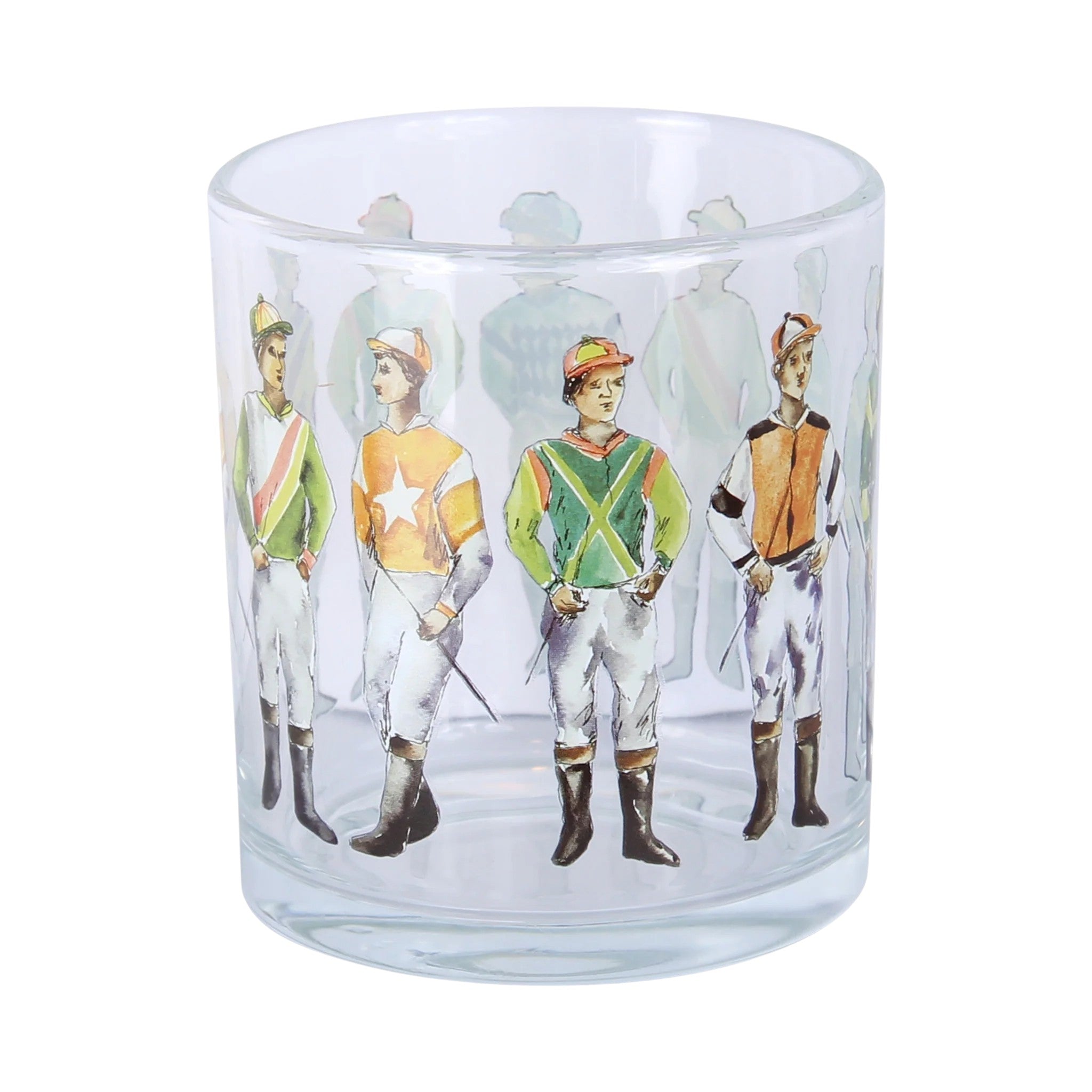 Glass tumbler with illustrations of jockeys on a white background