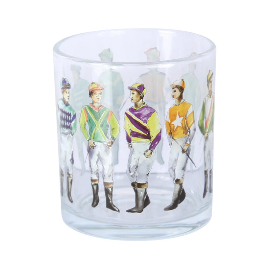 Glass tumbler with illustrations of jockeys on a white background