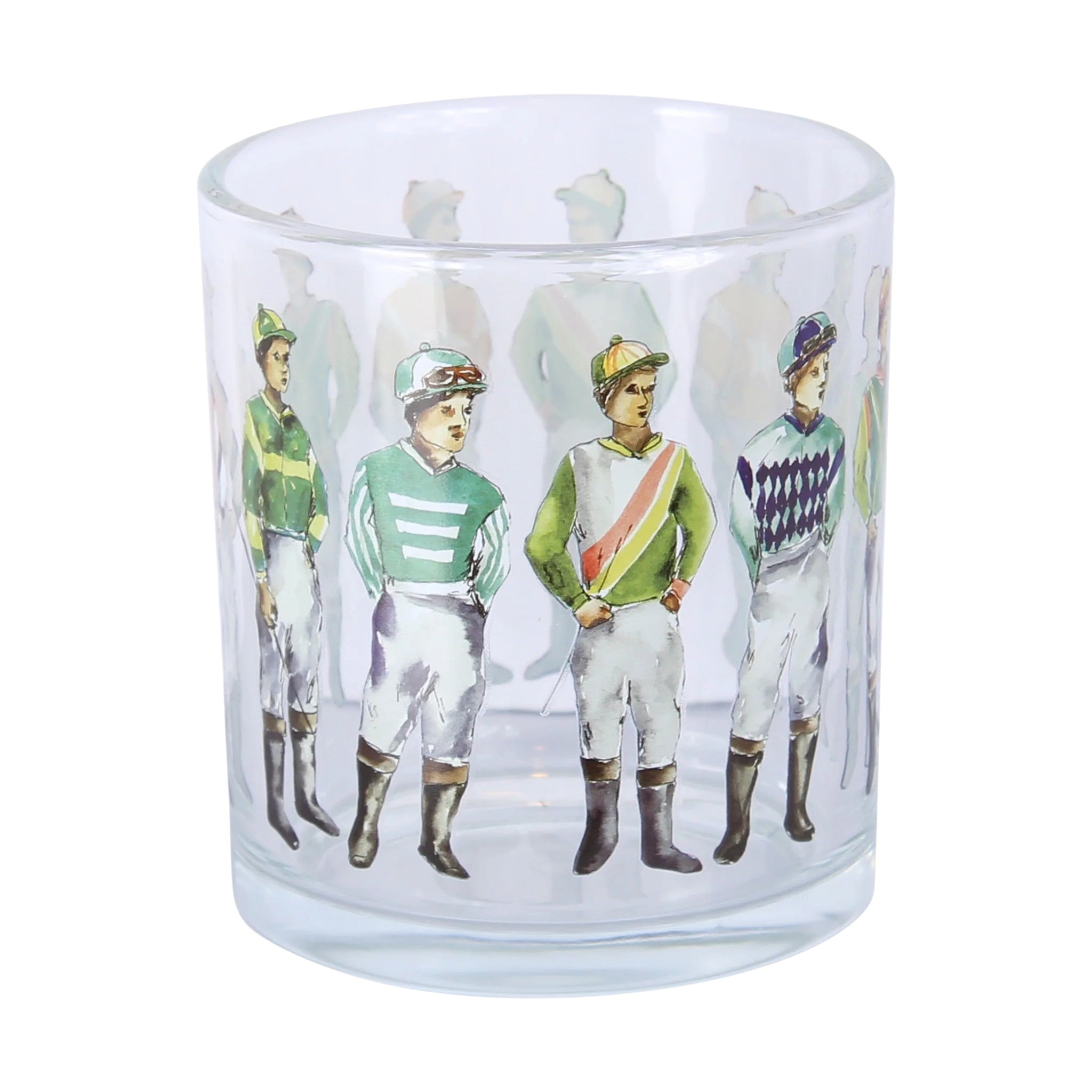 Glass tumbler with illustrations of jockeys on a white background