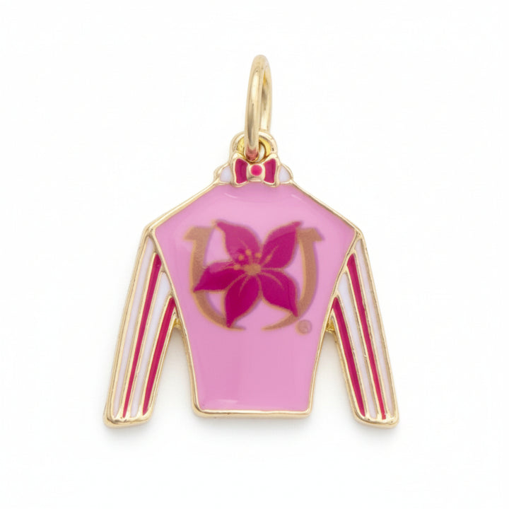Front view of the standalone Stargazer Enamel Jockey Silk Charm in glossy pink with gold-tone accents.