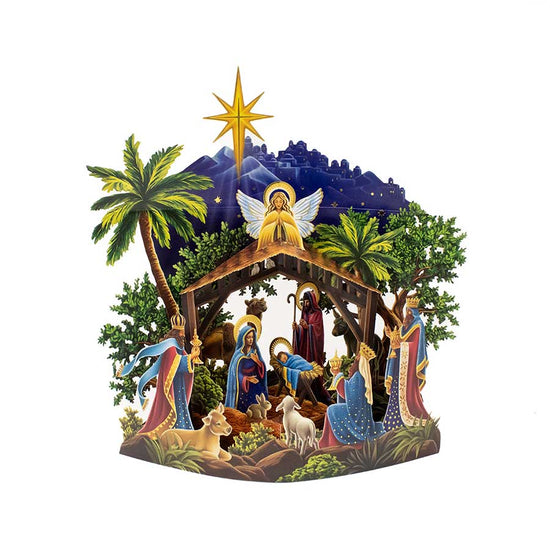 Nativity scene with figures and landscape elements on a white background