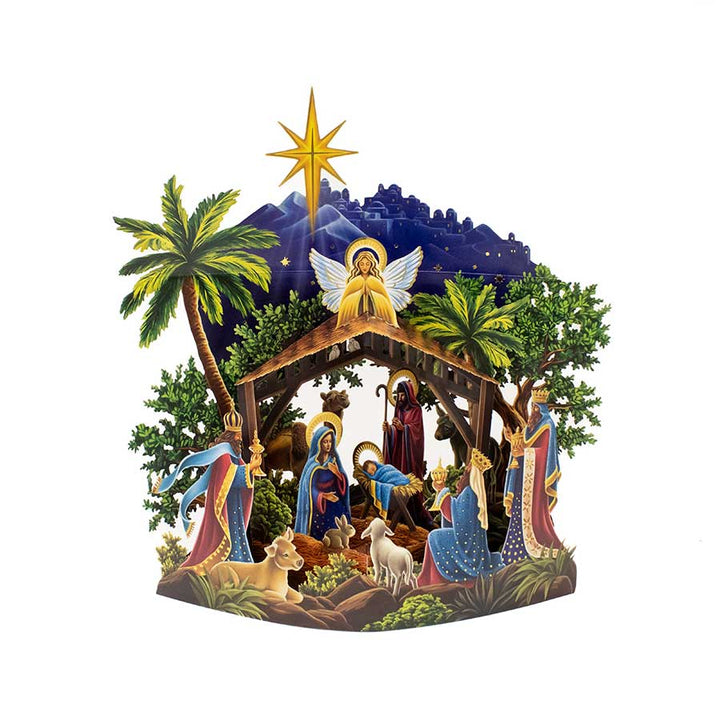 Nativity scene with figures and landscape elements on a white background