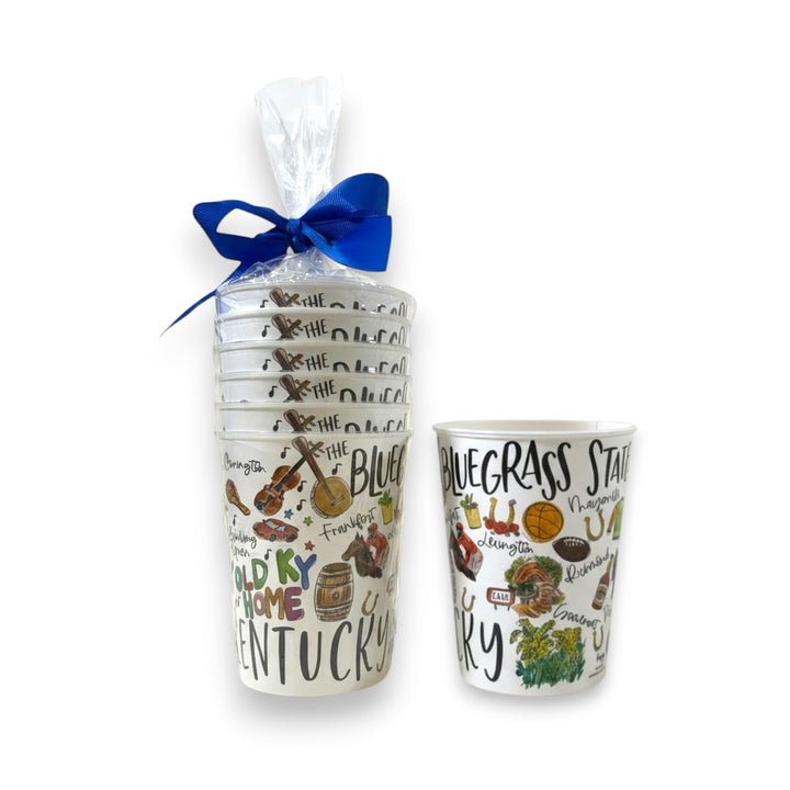 White reusable stadium cups featuring colorful, hand-drawn illustrations of famous Kentucky landmarks, available individually or as a set of six.