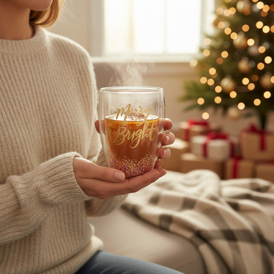 Lifestyle photo showing a steaming warm beverage in the Merry & Bright glass.