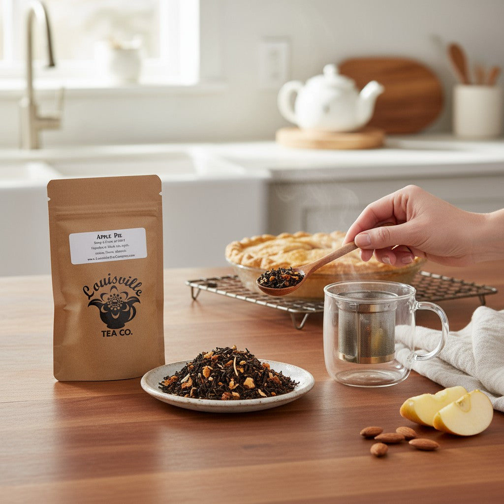 A warm, steaming mug of freshly brewed Louisville Tea Co. tea, ready to be enjoyed.