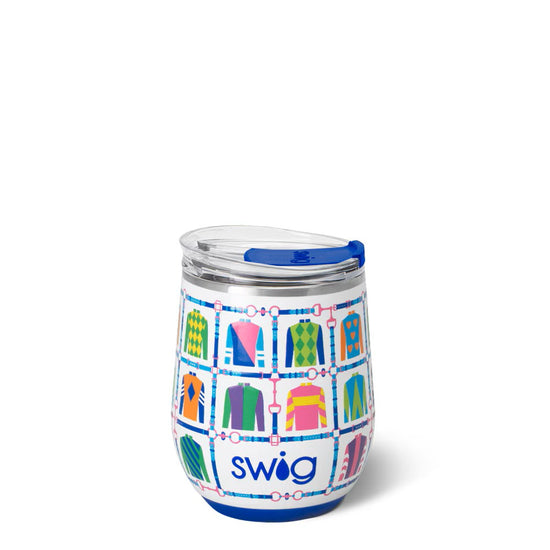 Colorful stemless wine glass with the Jockey Club print and 'swig' branding on a white background