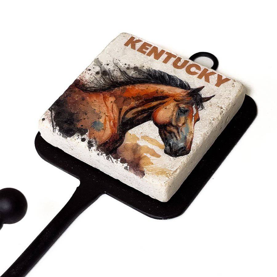 Small square sign with a horse illustration and 'Kentucky' text on a white background