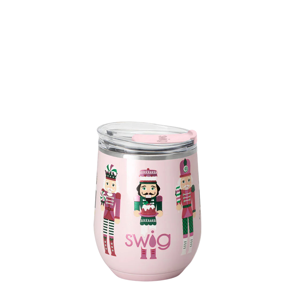 Pink 12oz stemless wine tumbler with Sugar Plum Soldier nutcrackers