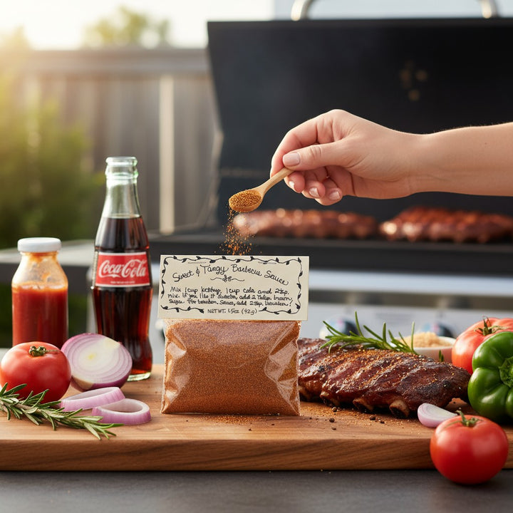 Person seasoning ribs with a wooden spoon over a grill and ingredients on a cutting board.