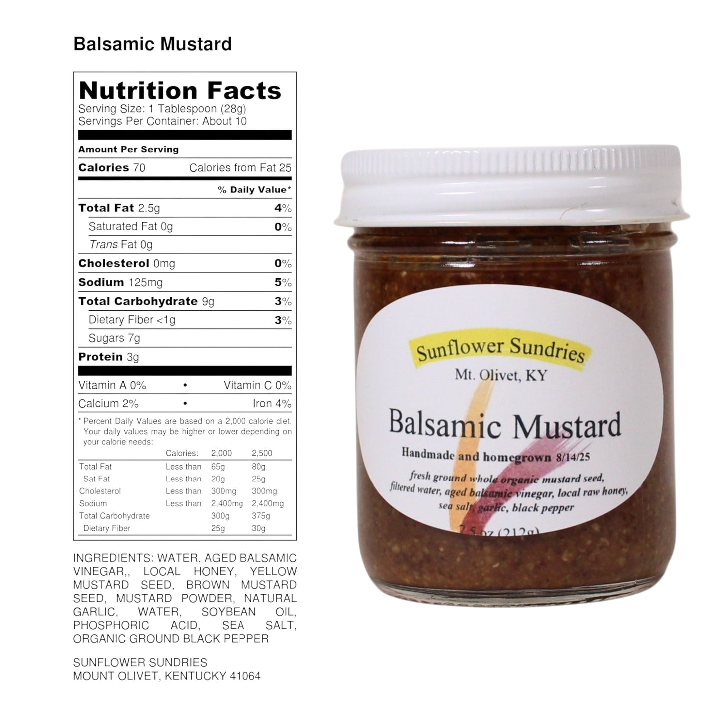 Jar of balsamic mustard with nutrition facts label on a white background