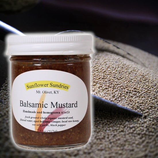 Jar of Sunflower Sundries Balsamic Mustard with a spoonful of mustard on a dark surface