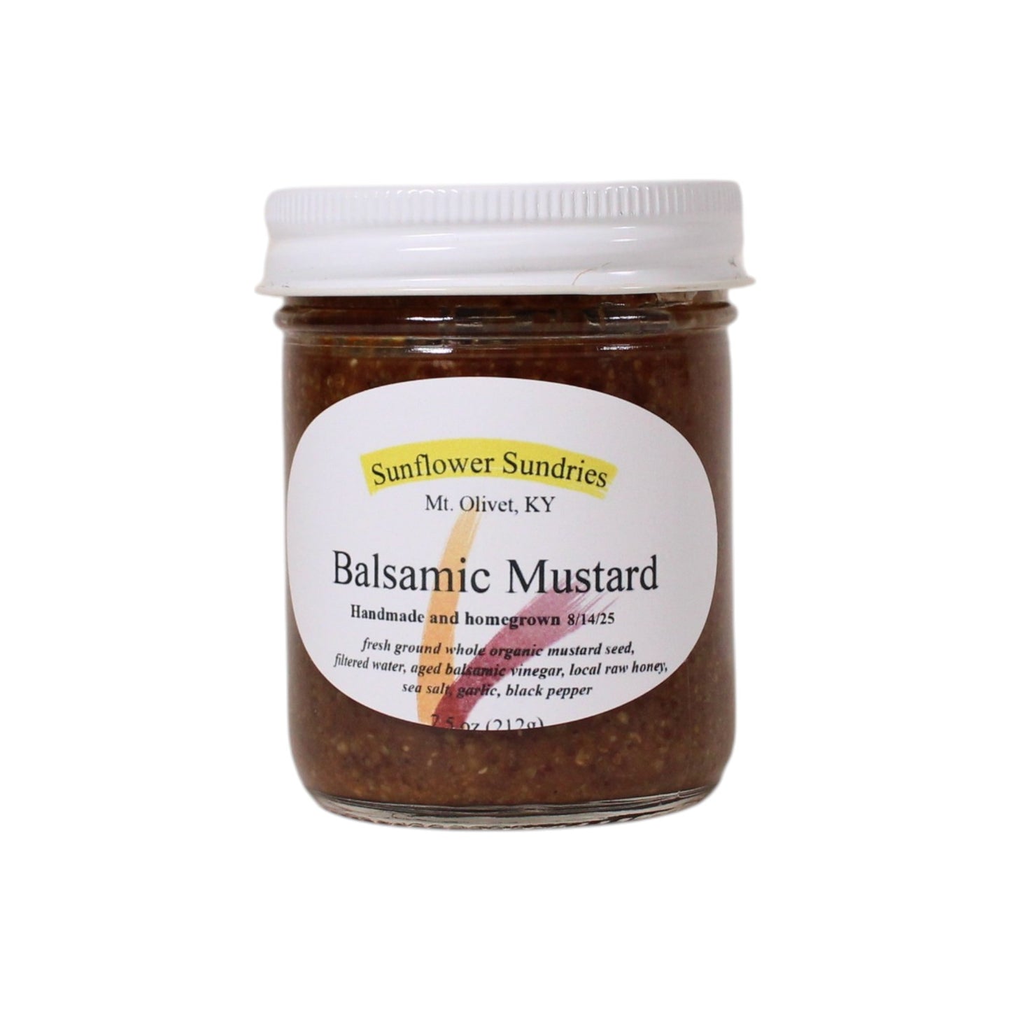 Jar of balsamic mustard with a white label on a white background