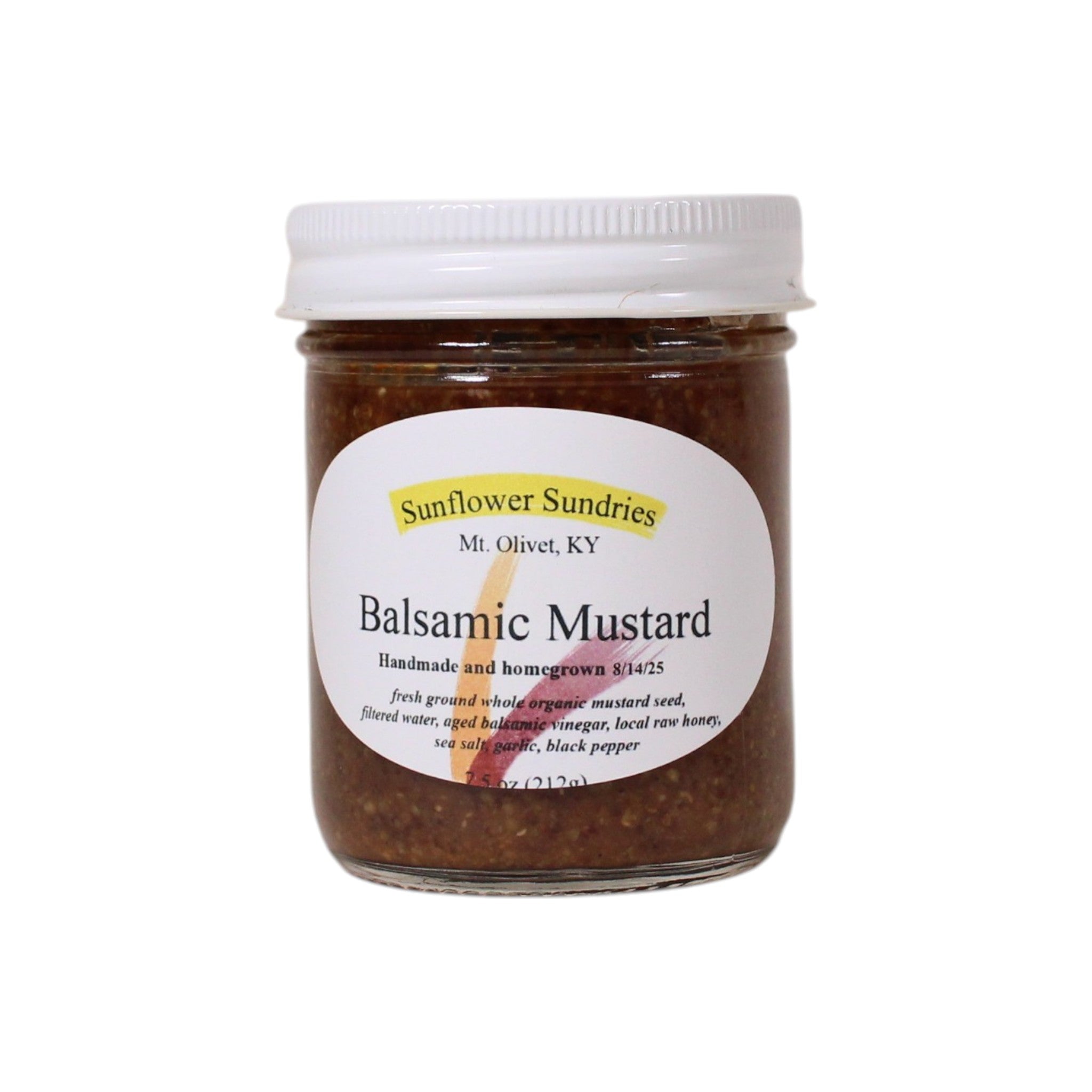 Jar of balsamic mustard with a white label on a white background