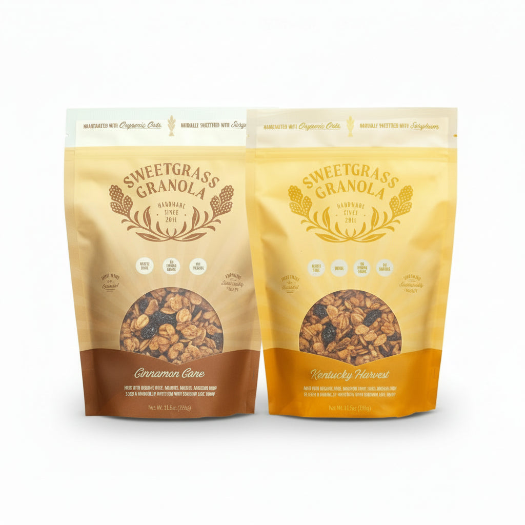 Two bags of Sweetgrass Granola, showing the Kentucky Harvest and Cinnamon Cane flavors side-by-side.