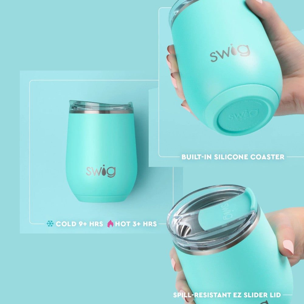 Turquoise Swig tumbler with built-in silicone coaster, spill-resistant lid, and product features on a light blue background.