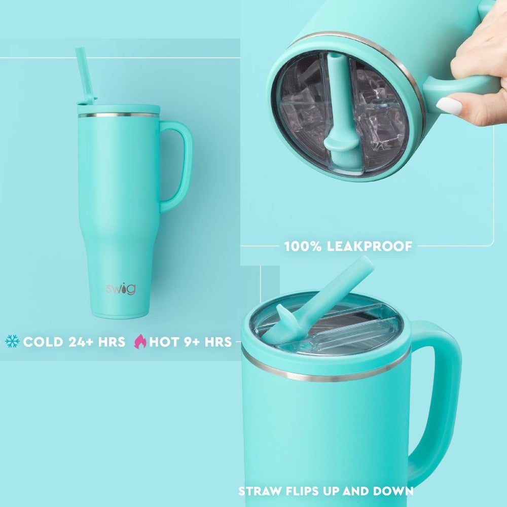 Swig Life Mega Mug insulated mug with straw on a light blue background, highlighting features like 100% leakproof design and temperature retention.